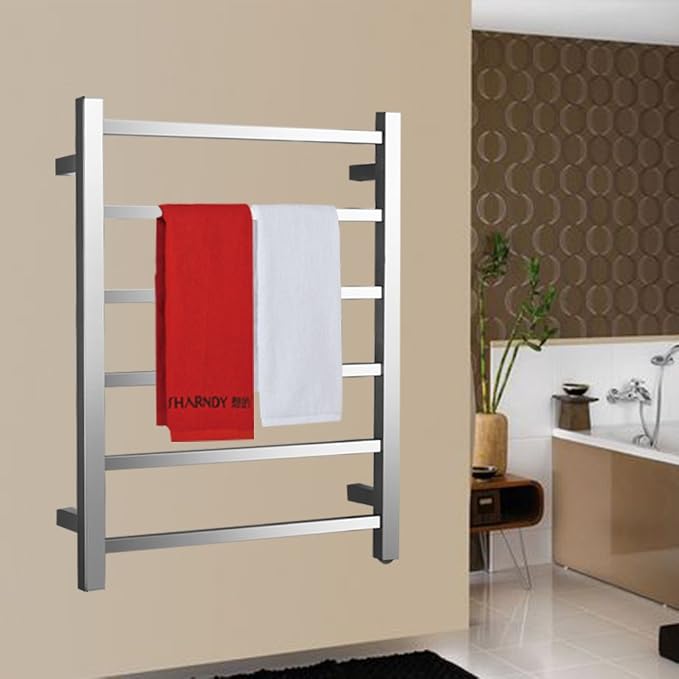 Towel Warmer Polished Chrome for Bathroom Wall Mounted Bath Towel Heater Plug-in Square 6 Bars Drying Rack Stainless Steel Electric Heated Towel Rack ETW13 68W 26.77x20.47x4.13 inches