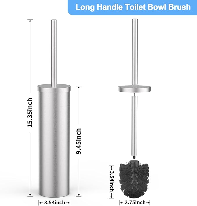Stainless Steel Toilet Brush and Holder Set Brushed Silver Heavy Duty Toilet Bowl Brush with Long Handle for Bathroom and Farmhouse (Silver)