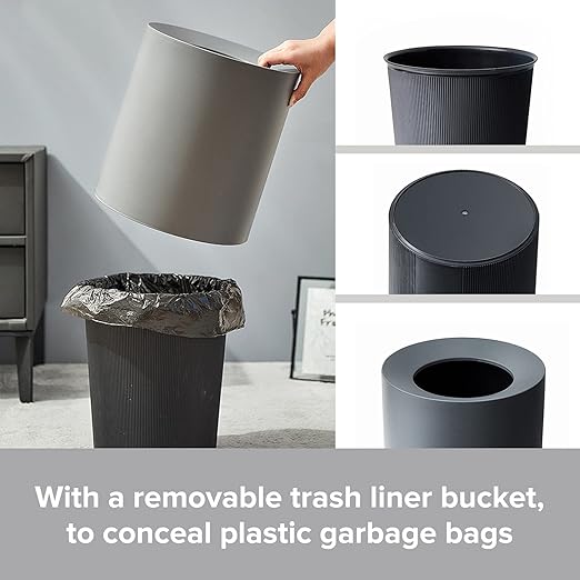 Modern Round Waste Basket - 2.1Gal/7.9L Open Top Trash Bin - Gray Garbage Can with Removable Plastic Bin Liner - Touchless Bathroom Garbage Can or Trash Can for Kitchen - Minimalist Office Trash Can