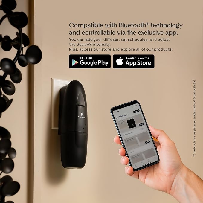 AromaPlan 5 Star Collection Plug in Diffuser (Fragrances+Sample Set Included)-Cold Air & Waterless Diffusers for Home & Office- Silent Wall Diffuser Plug in, Bluetooth App Control, 500 sq. Ft (Black)