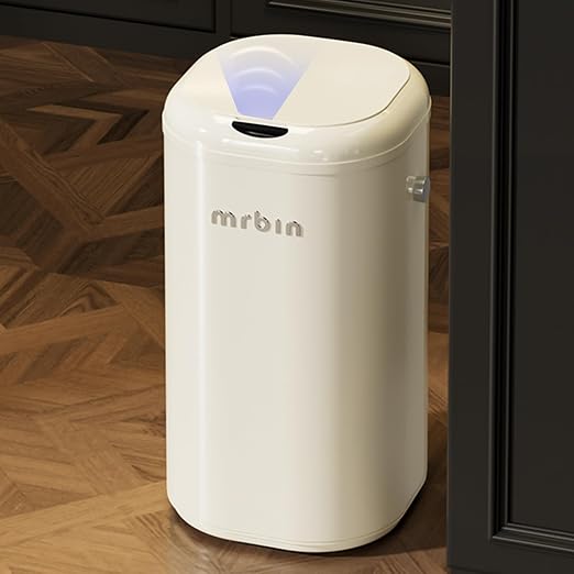 MRBIN Metal Automatic Tall Kitchen Trash Can with Lid, 18L / 4.8gal Slim Motion Sensor Waste Basket, Touchless Electric Garbage Bin for Office and Bathroom, Cream White