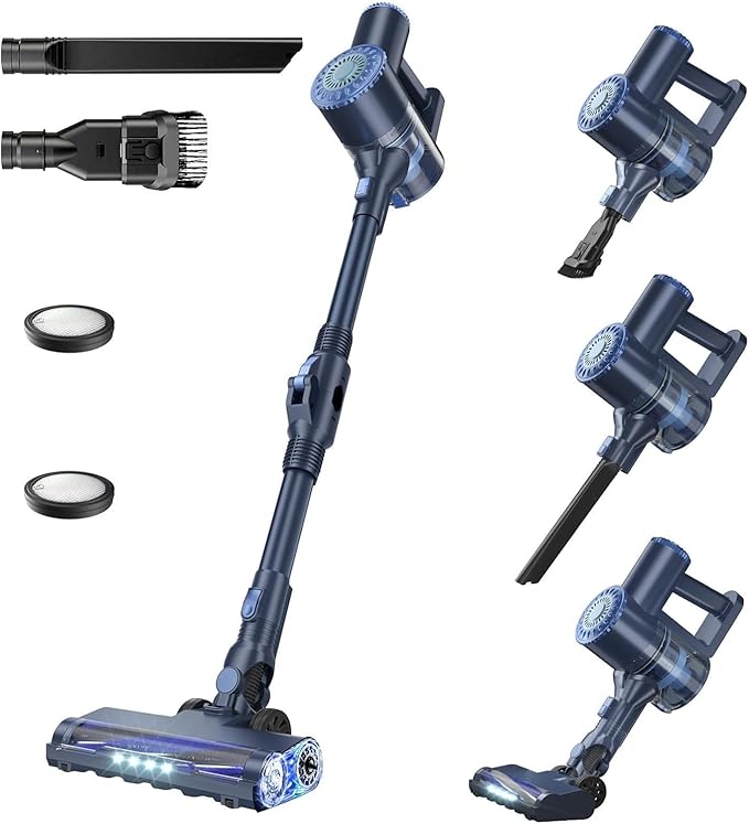 PRETTYCARELIFE 6-in-1 Cordless Vacuum Cleaner,Stick Vacuum with 180° Bendable Wand,High Power/Powerful Suction/Long Runtime,Self-Standing Wireless Vacuum for Hardwood Floor (Blue)