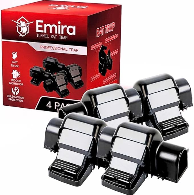 EMIRA Efficiency Rat Mouse Trap Device 4 Pack- Covered Tunnel Design, Protects Kids and Pets, Resusable with Sensitive Trigger, Safe and Powerful, Humane Rodent Solution, Indoor & Outdoor
