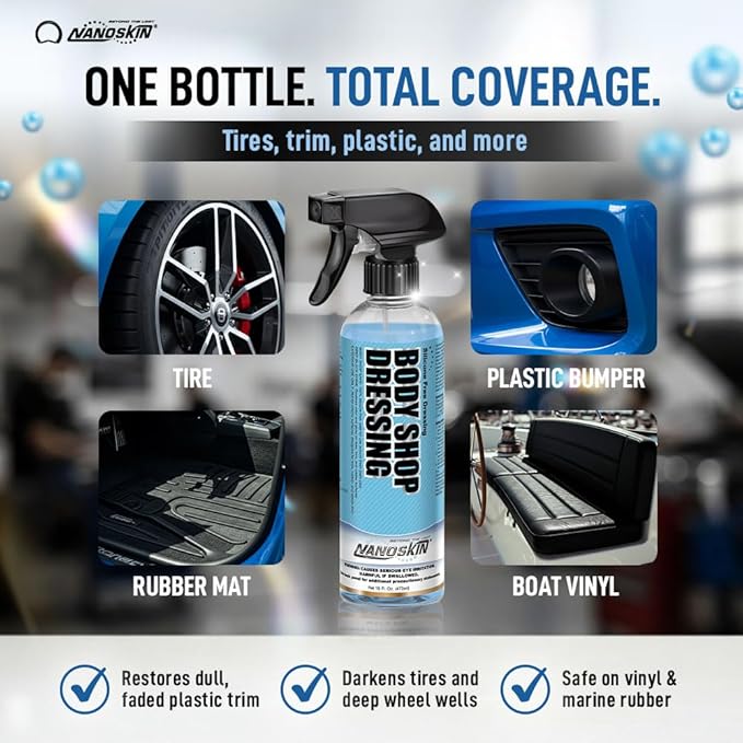 Nanoskin Body Shop Dressing 30 Gallons - Body Shop Safe, Silicone Free Formula | Restores Deep Black Color on Exterior Tires, Vinyl, Rubber, Plastic & Trim | Safe for Cars, Trucks, RVs, Boats & More