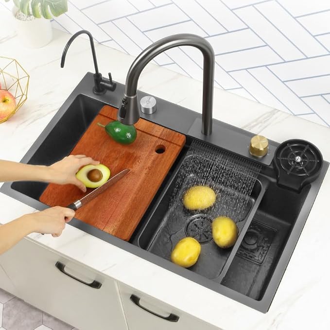 Black Waterfall Kitchen Sink, Drop in Single Bowl Stainless Steel Bar Sink with Cup Washer Sinks, Topmount Workstation Kitchen Sink with Accessories (Size : 31.5 x 17.7in)