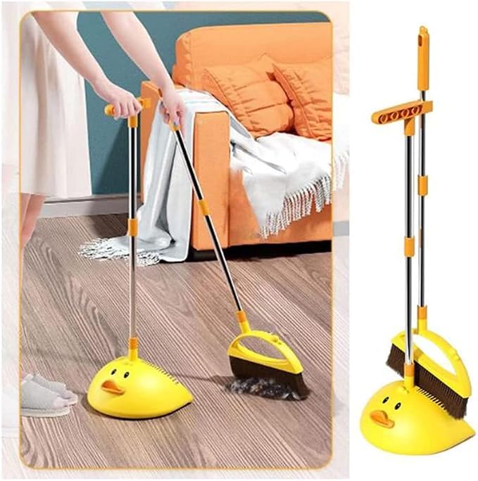 Cute Duck Cleaning Broom and Dustpan Set with Long Handle Stand Up Broom and Dustpan for Home Kitchen Room Office, Outdoor Indoor (Pink)