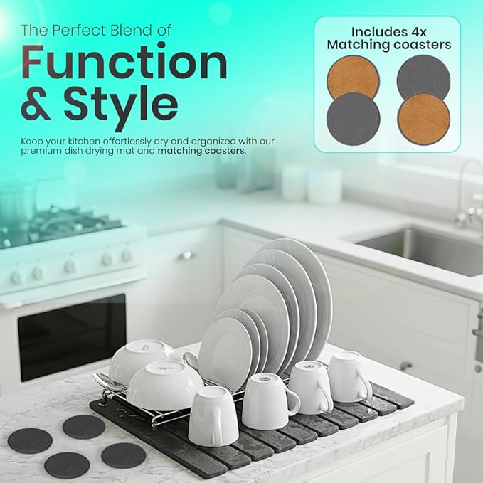 Stone Dish Drying Mat For Kitchen Counter - Fast-Drying 24"(L)×16"(W) Collapsable Diatomaceous Mat With Four Matching Stone Coasters - Versatile Stone Drying Mat for Cups, Dishes, Bottles