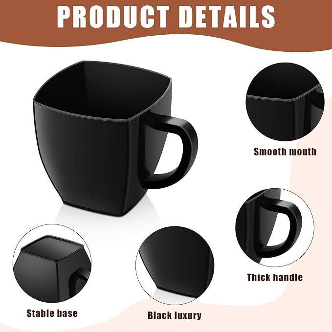 Amyhill 50 Pcs Mini Disposable Tea Cups with Handle, 2oz Hard Plastic Coffee Mug Bulk Plastic Square Disposable Espresso Cups for Wedding Tea Party Catering Dessert Sampling (Black)