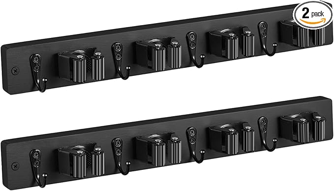 OUTNILI 2 Pack Black Mop Broom Holder Wall Mount - Wood Broom Mop Hanger - Wall Mounted Garden Tool Rack Organizer for Closet Garage Laundry Room, 4 Slots & 4 Hooks
