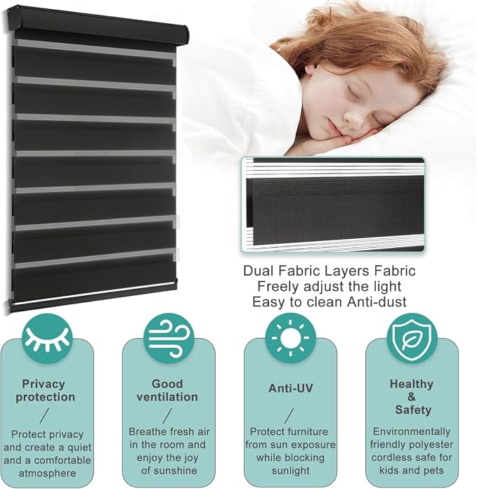 MYshade Cordless Zebra Blinds with Free-Stop Function - Dual Layer Light Filtering & Privacy Sheer Shades for Day and Night - Easy Install Window Shades for Home, Living Room, 38" W x 72" H,Black