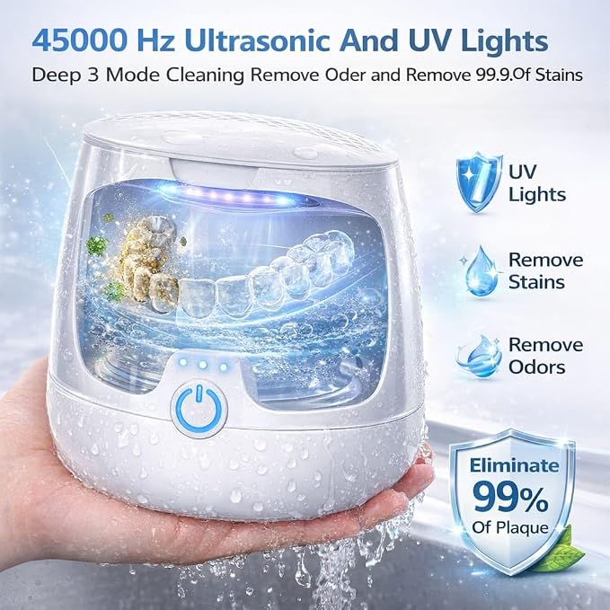 New Releafia – Ultrasonic Denture Cleaner Machine With UV-C Lights | Aligner Cleaner, Mouth Guard Cleaner, Denture Cleaner & Night Guard Cleaner | 45000 kHz Dental Cleaning Pod for Retainers