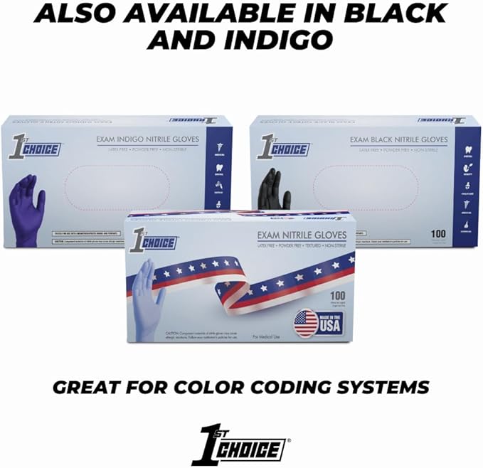 1st Choice 3 Mil Indigo Blue Nitrile Disposable Exam Gloves Made in USA, TAA Compliant Latex Free Medical Grade Cleaning S-XL
