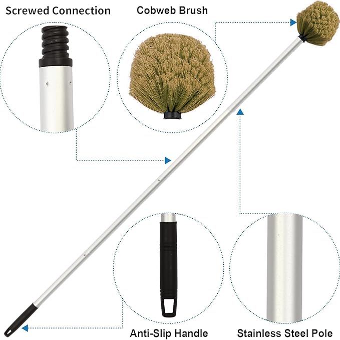 Cobweb Duster with Extension Pole, 8 FT Stainless Steel Pole with Spider Web Brush Head Ceiling Fan Duster for Outdoor Indoor Cleaning
