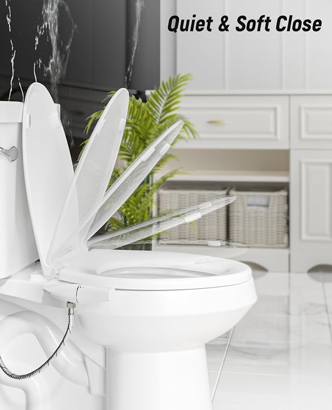 SAMODRA Elongated Bidet Toilet Seat with Soft Close Lid - Non-Electric Dual Nozzle System, Quick-Release for Easy Installation & Clean