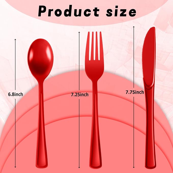 Plastic Silverware 300 PCS Disposable Silverware Heavy Duty Utensil Sets 100 Of Each Forks Knives & Spoons Disposable Cutlery Set For Easter,Birthday,Baby Shower,Garden Party,Wedding(300,Red)