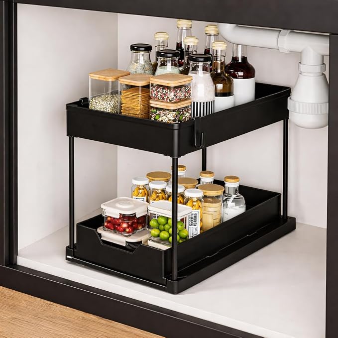 Success Goods 2 Pack Under Sink Organizer with Pull Out Drawer – Double Tier Sliding Storage Rack for Kitchen & Bathroom, Cabinet Organizer for Cleaning Supplies (Black)