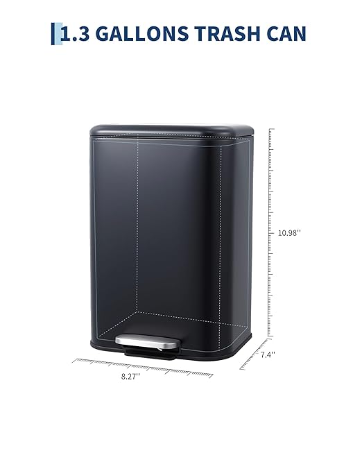 1.3 gal/5L Stainless Steel Kitchen Trash Can, Step-on Recycling Bin with Soft Close Lid, Removable Inner Bucket, Rectangular Wastebasket for Office Living Room, Black