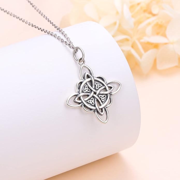 FLYOW 925 Sterling Silver Good Luck Irish Jewelry Celtic Knot Pendant Necklace for Women Birthday Graduation Gift