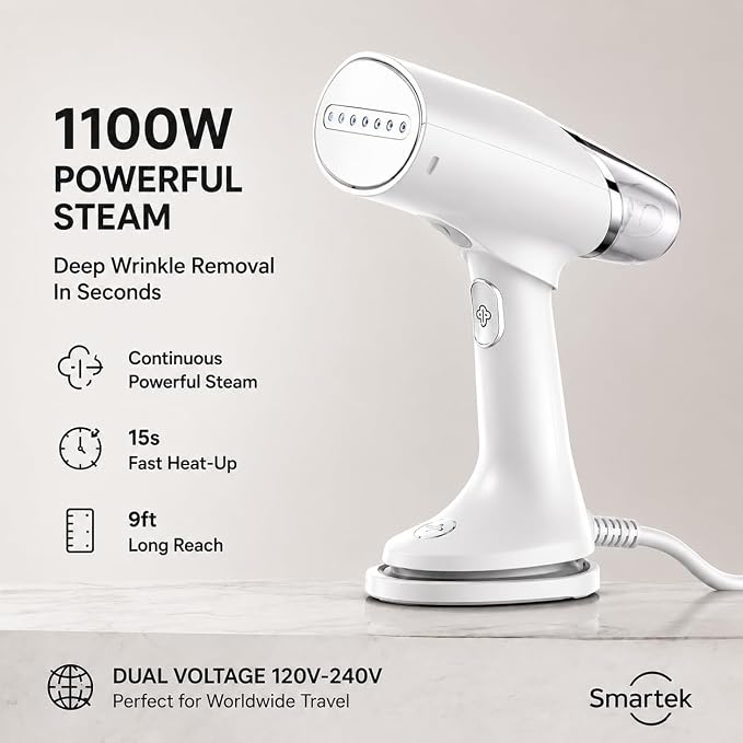 Foldable Handheld Garment Steamer - 1100 Watts of Powerful Steam - Dual Voltage (120-240) Great for worldwide Travel, Comes with Travel Bag (White)