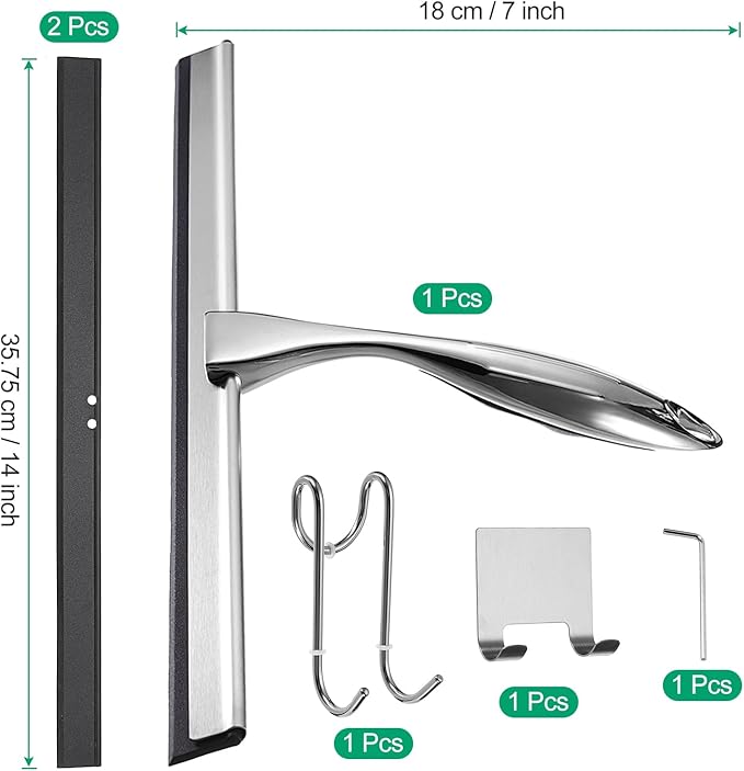 uxcell 14 Inch Shower Squeegee for Glass Doors, Stainless Steel All-Purpose Bath Squeegee with Hooks Holder Square Sticky Hook for Bathroom Window Mirror Car Glass, Silver