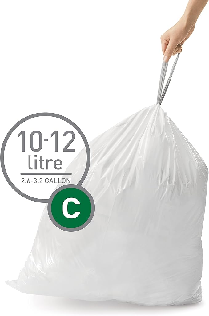 simplehuman Code C,Dispenser Pack Custom Fit Liners,Drawstring Trash Bags,10-12 Liter / 2.6-3.2 Gallon,White,60 Count (Pack of 2)