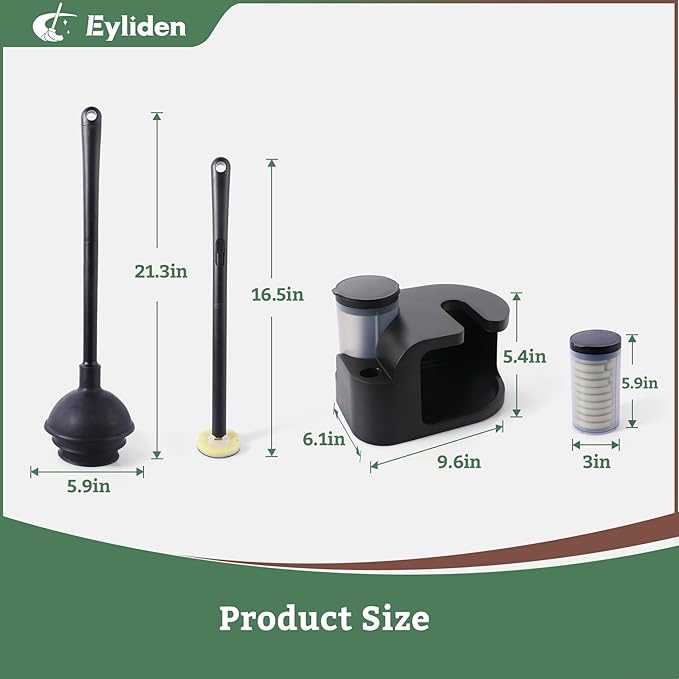 Eyliden Toilet Brush and Plunger Combo Set | 2-in-1 Disposable Toilet Bowl Wand Kit with 10 Refill Heads, Toilet Plunger, Compact Storage Holder | Bathroom Cleaning System for Home, Black