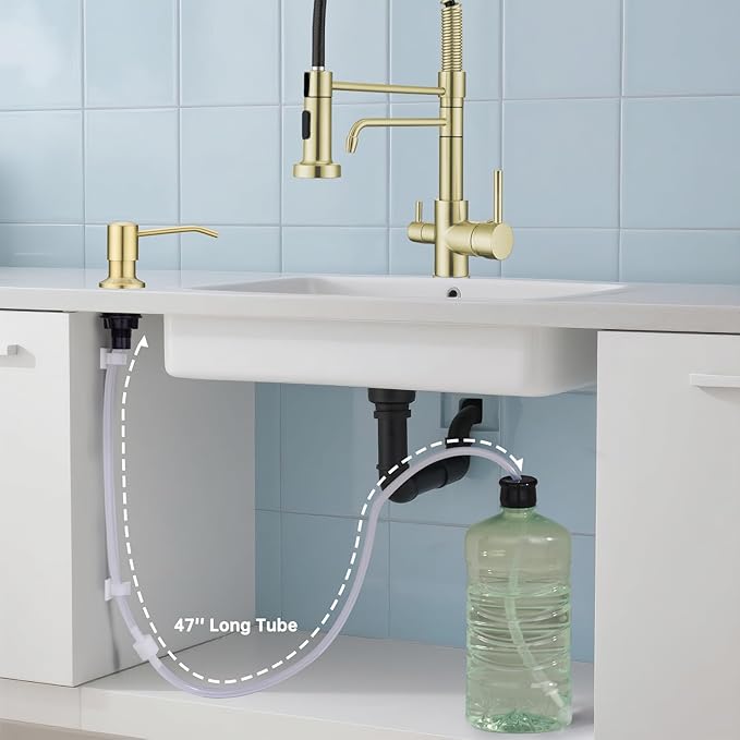 Built in Sink Soap Dispenser with 47'' Tube for Kitchen Sink Brushed Champagne Gold Stainless Steel Pump Head with 17 OZ Bottle