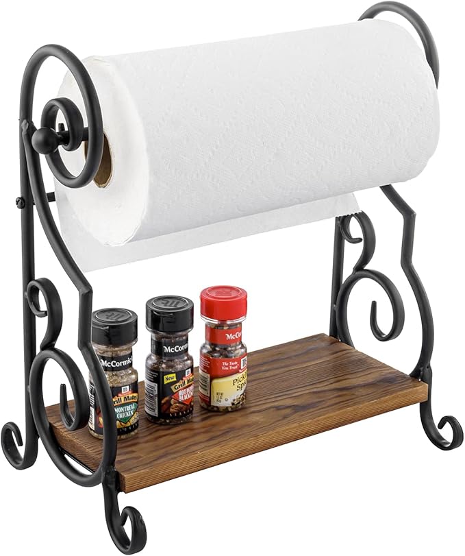 MyGift Black Metal Countertop Paper Towel Holder with Rustic Solid Burnt Wood Storage Shelf and Scrollwork Design, Easy Refill Single Roll Holder