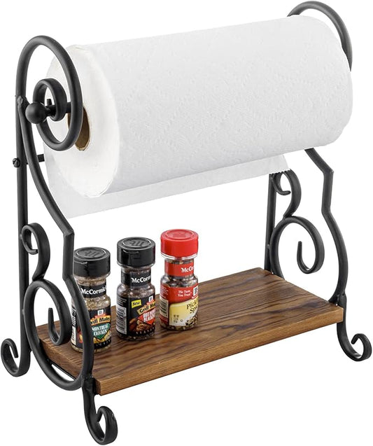 MyGift Black Metal Countertop Paper Towel Holder with Rustic Solid Burnt Wood Storage Shelf and Scrollwork Design, Easy Refill Single Roll Holder