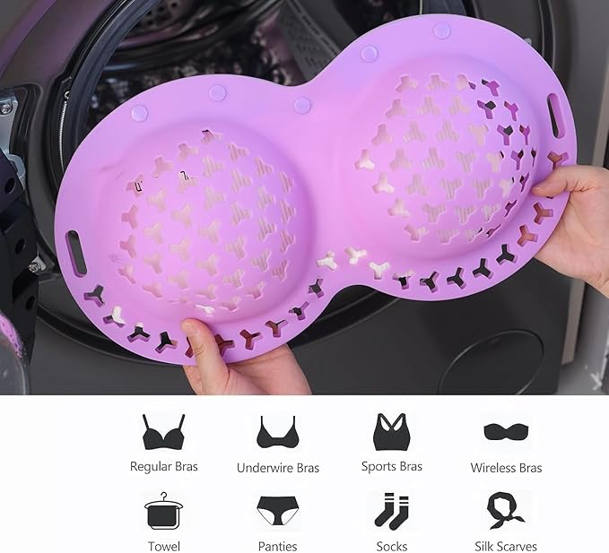 Silicone Bra Washing Bags for Laundry,Delicates Mesh Laundry Bags, Suitable for all Cup Sizes bra,Sports Bras, Swimsuits, Socks & Silk protector,Anti Deformation Lingerie Bag for Machine (purple 2pc)