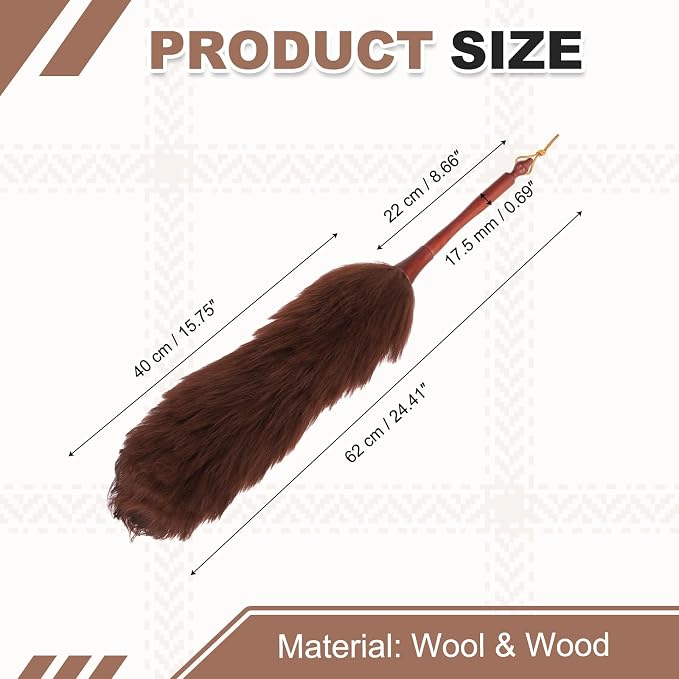 uxcell Wool Duster, 24.4" Natural Feather Cleaner Household Cleaning Duster with Solid Wooden Handle for Cleaning Fans Window Blinds Shelves Furniture, Coffee