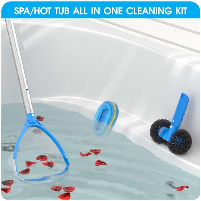 TidyMister 4-in-1 Spa Cleaning Set - Hot Tub Small Pools Maintenance Accessories Kit with Skimmer Net Round Brush Scrubber and 2ft Pole