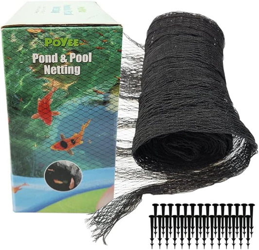 25x50ft Pond Netting for Leaves Leaf Net Cover Pond Net with Small Fine Mesh Protecting Koi Fish from Birds Cats Stakes Included