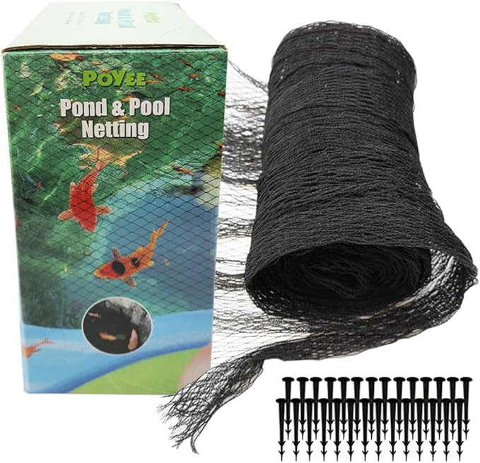15x40ft Pond Netting for Leaves Leaf Net Cover Pond Net with Small Fine Mesh Protecting Koi Fish from Birds Cats Stakes Included