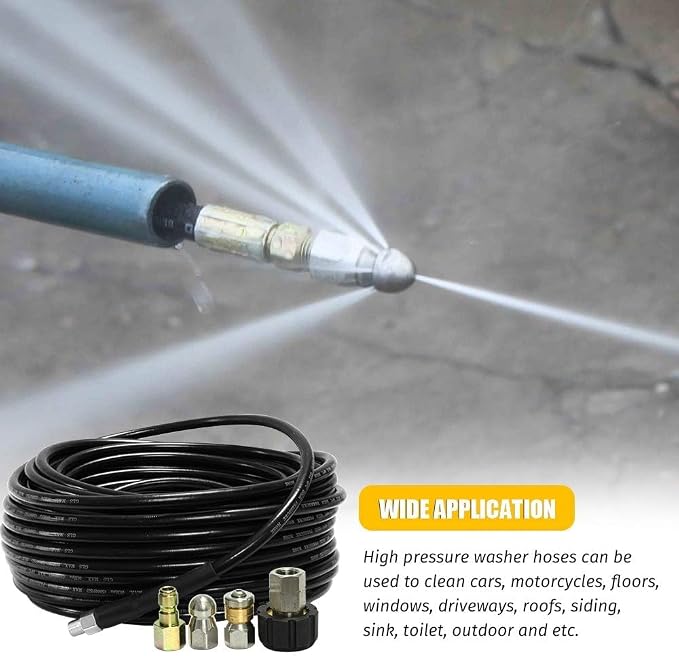 SUNTAI Sewer Jetter Kit for Pressure Washer 50FT, 5800PSI Drain Cleaner Hose 1/4 Inch NPT, Corner, Button Nose and Rotating Sewer Jetting Nozzle