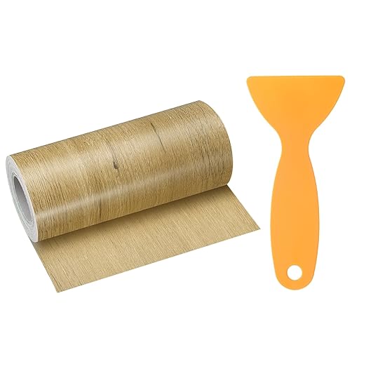 HARFINGTON Wood Grain Repair Tape 4.7 Inch x 33ft Self Adhesive Repair Patch Tape Simulated Wooden Floor Tapes with Plastic Scraper for Tables Doors Windows Furniture, Khaki Wood