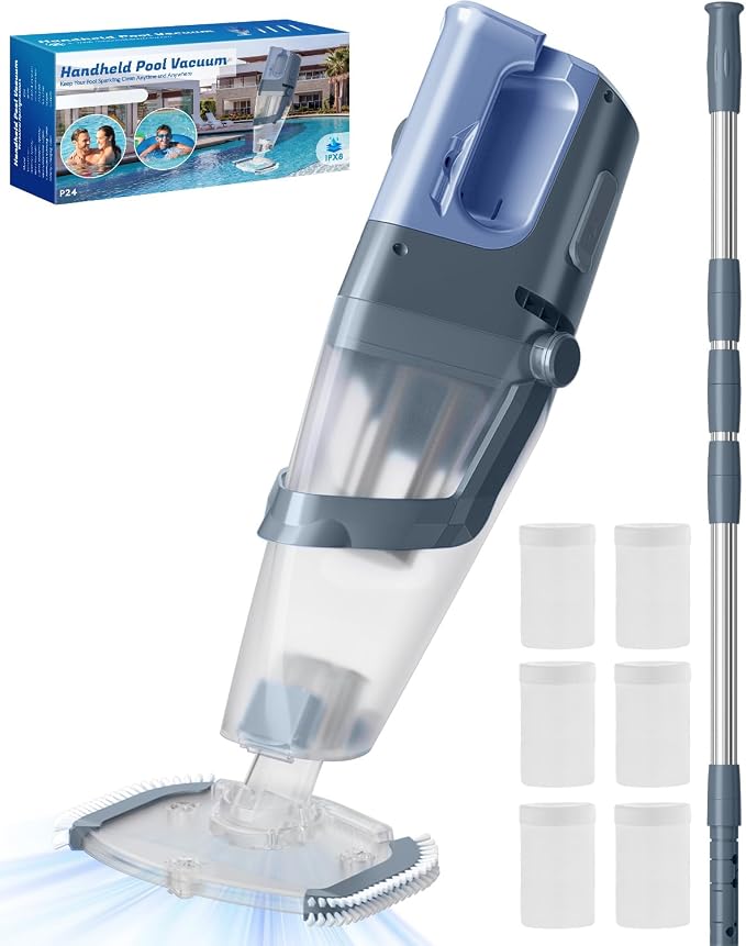 Cordless Handheld Pool Vacuum Cleaner with Telescopic Pole, 26.5 GPM Powerful Suction, Longer 1H Runtime, Portable Pool Vacuums for Above Ground/Inground Pools, Hot Tubs, Spas, Titanium Blue