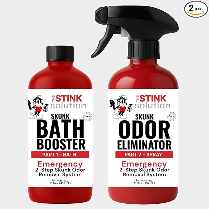 The Stink Solution Skunk Odor Eliminator for Dogs Natural Skunk Smell Remover Kit 16 oz Bath Booster & 16 oz Pomegranate Spray Pet Safe Skunk Odor Remover, Skunk Deodorizer & Skunk Spray Neutralizer