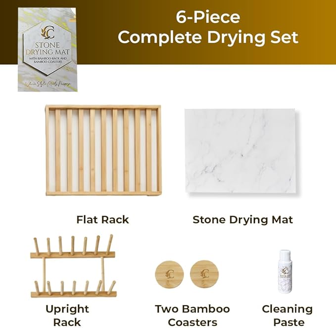 Premium Dish Drying Stone for Kitchen Counter 20” x 14” | Fast Absorbing Stone Drying Mat with Bamboo Dish Rack | Dish Drying Mat Plus Bamboo Set