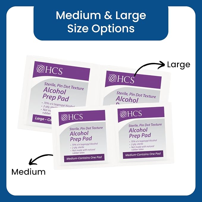 HCS Large Alcohol Prep Pads - 70% Isopropyl Alcohol Wipes, Individually Wrapped - 2 ply, Textured, Sterile Skin Prep Swabs (400/Box)