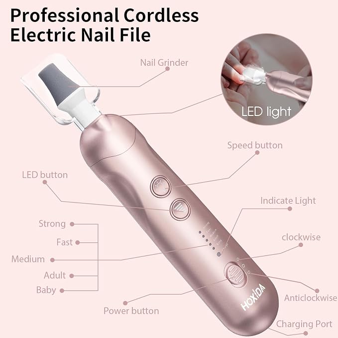 Hoxida Manicure Pedicure Kit, Professional Nail Grinder for Senior Thick Toenail, Cordless Electric Nail File, 5 Speeds Pedicure Tools for feet Callus Remover, Nail Drill for Women Hand Feet Care
