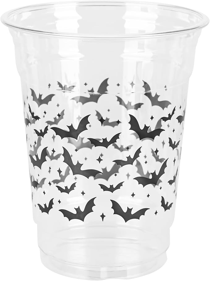 AimFun Halloween Bats Plastic Cups White Black Ghosts Disposable Party Cup Cute Spooky 12oz Clear Cups for Candy Beverage Snacks Birthday Baby Shower Party Supplies (100, Bats)