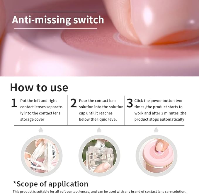 Contact Lens Cleaner, Portable Soft Contact Lens Cleaning Machine with USB Charger, Automatic Vibration Contact Lenses Cleaner Case for Traveling (Pink)