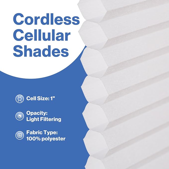 No Drill Cellular Shades, White 22 1/2" W x 48" H Cordless Light Filtering Pull Down Pleated Honeycomb Blind Thermal Insulated Easy Install for Indoor Window Bedroom Living Room Kitchen