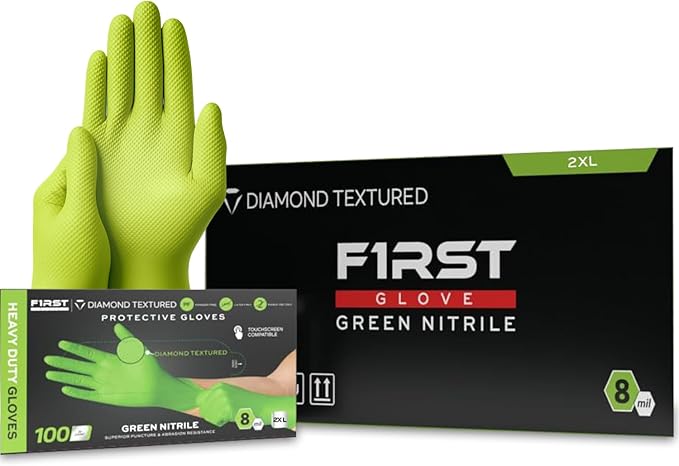 First Glove Heavy Duty Diamond Textured 8 Mil Thick Green Nitrile Gloves - Industrial Nitrile Gloves - Latex-Free