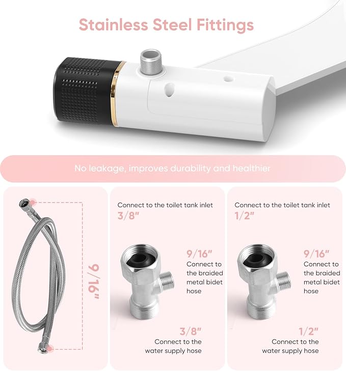 Ultra-Slim Bidet Attachment, Posterior&Feminine Wash-(Retractable Dual Nozzles), Non-Electric Bidet Attachment for Toilet Seat, Adjustable Fresh Cold Water Pressure, Stainless Steel Inlet (BlackGold)