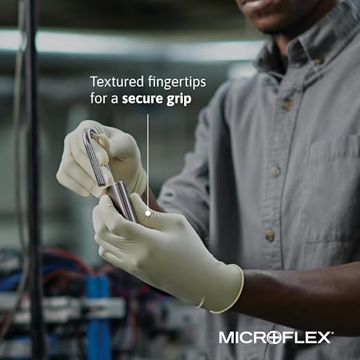 Ansell MICROFLEX Diamond Grip MF-300 Disposable Latex Gloves for Automotive, Healthcare, Machinery Industries - XL, Natural (Box of 100)