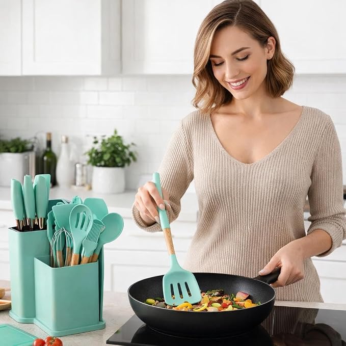 Kitchen Utensil Set 19-Piece – Heat Resistant Silicone Cooking Utensils with Stainless Steel Handles, Nonstick Cookware Safe Dark Green