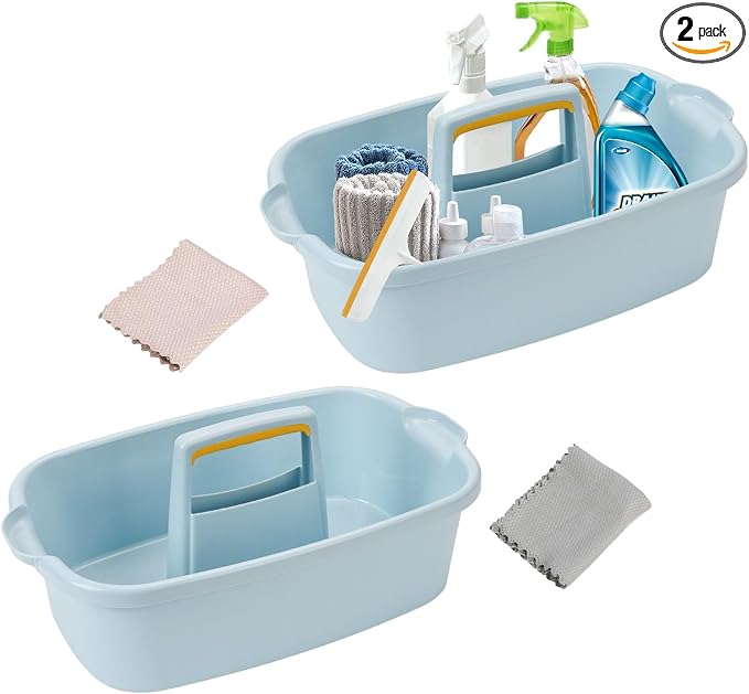 Cleaning Supplies Caddy Organizer with Handle Plastic Tool Storage Basket for Bathroom, Kitchen, Under Sink,2 Pack with 2Pack Microfiber Cleaning Cloths, Blue