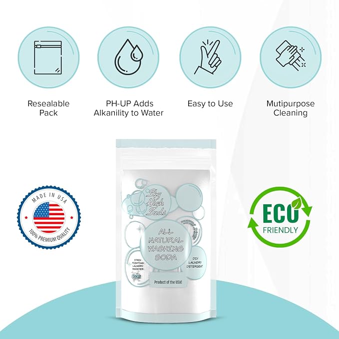 2 Pounds All-Natural Washing Soda (Soda Ash), Product of the USA. Recyclable and Reusable Bag, Due to tariffs packaging may vary